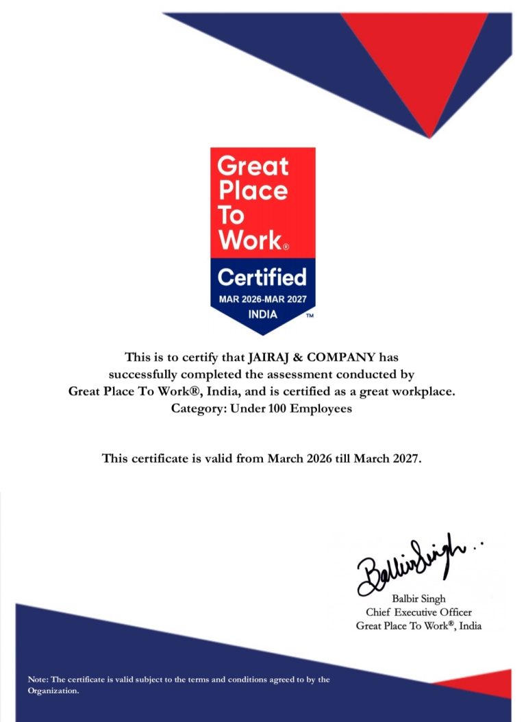 जयराज अँड कंपनीला ‘ग्रेट प्लेस टू वर्क’ प्रमाणपत्र